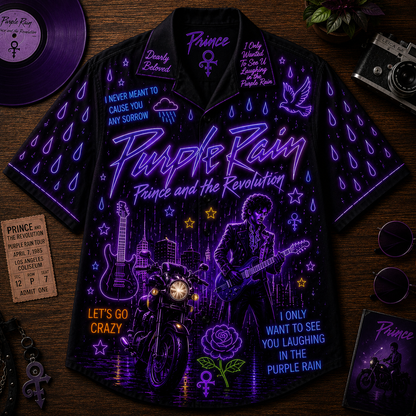 Purple Rain Glow Hawaiian Shirt - Retro Neon Prince Inspired All Over Print  80s Music Summer Button Up Shirt