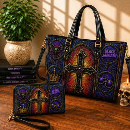 Black Sabbath Leather Handbag, Leather Tote Bag, Leather Wallet Set - Stained Glass Black Sabbath Band Fan Gift, Luxury Rock Music Accessories