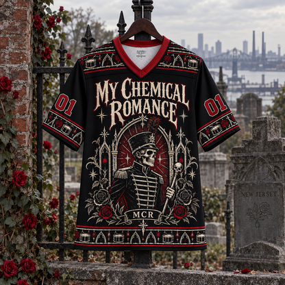 My Chemical Romance Jersey, MCR 2001 Gothic Parade Shirt, Black Red Emo Rock Jersey, Alternative Band Fan Gift
