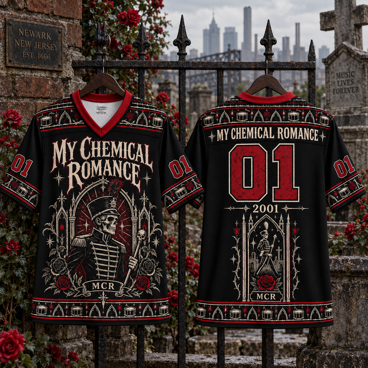 My Chemical Romance Jersey, MCR 2001 Gothic Parade Shirt, Black Red Emo Rock Jersey, Alternative Band Fan Gift