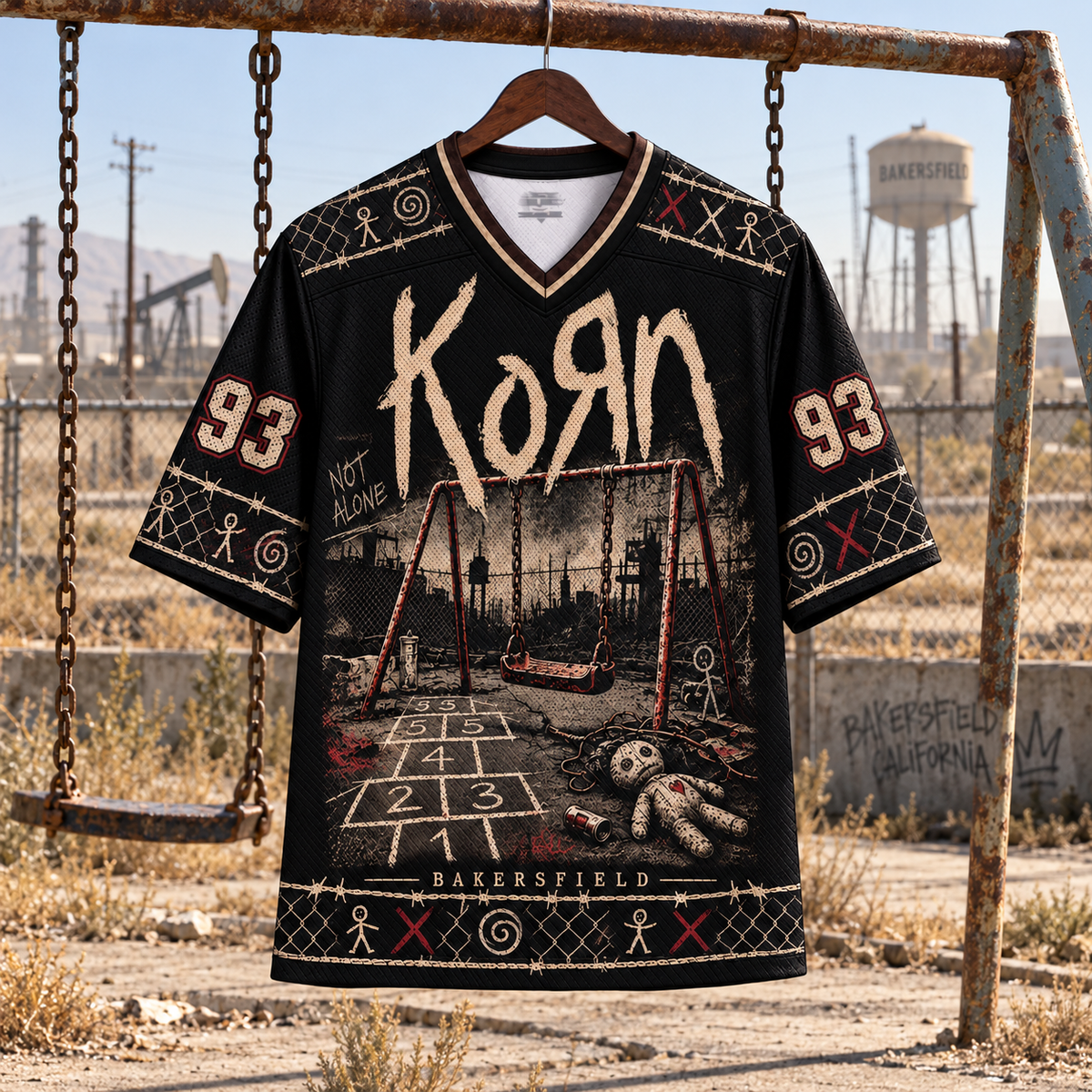 Korn Jersey, Bakersfield 93 Nu Metal Shirt, Black Distressed Alternative Band Jersey, Freak Era Rock Fan Gift
