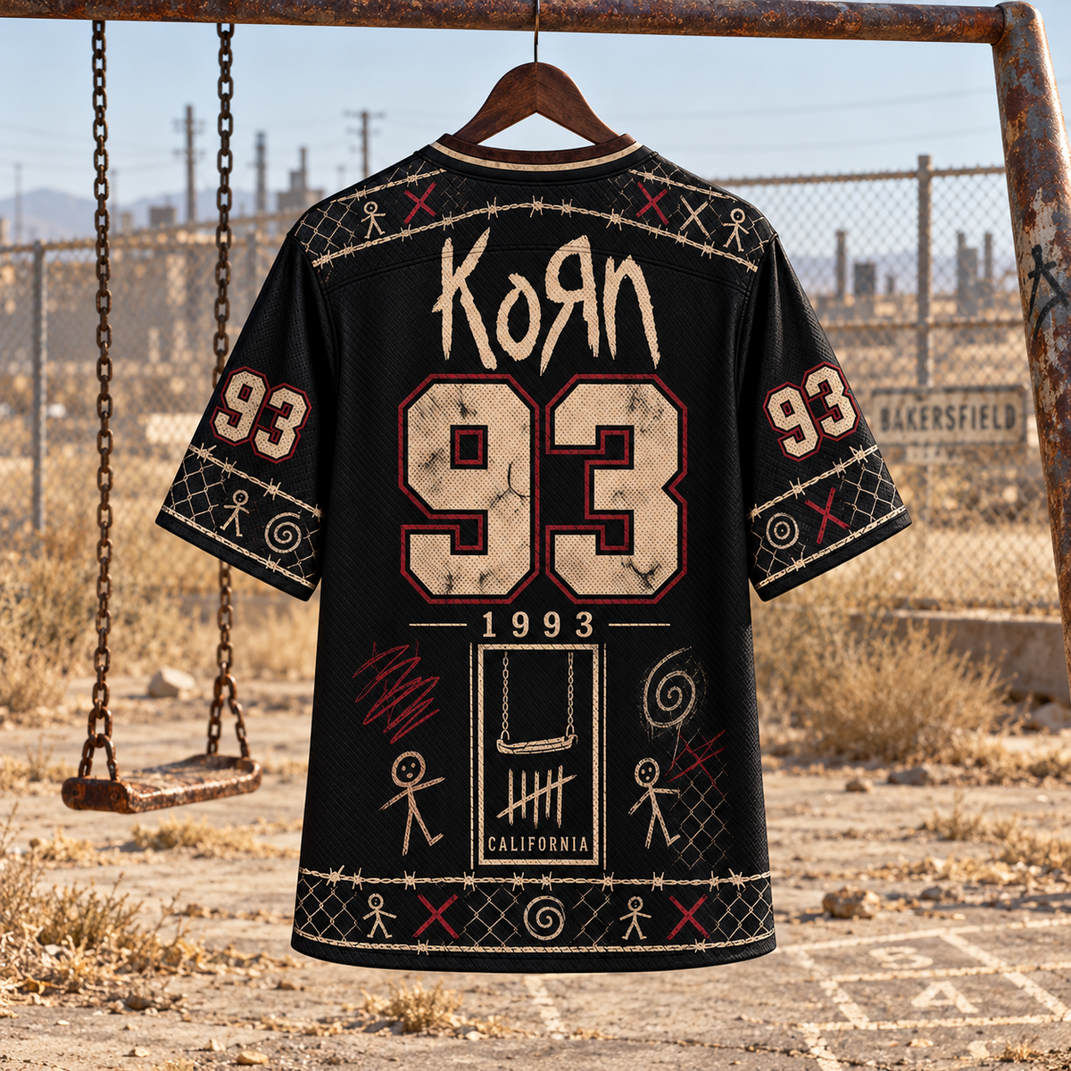 Korn Jersey, Bakersfield 93 Nu Metal Shirt, Black Distressed Alternative Band Jersey, Freak Era Rock Fan Gift