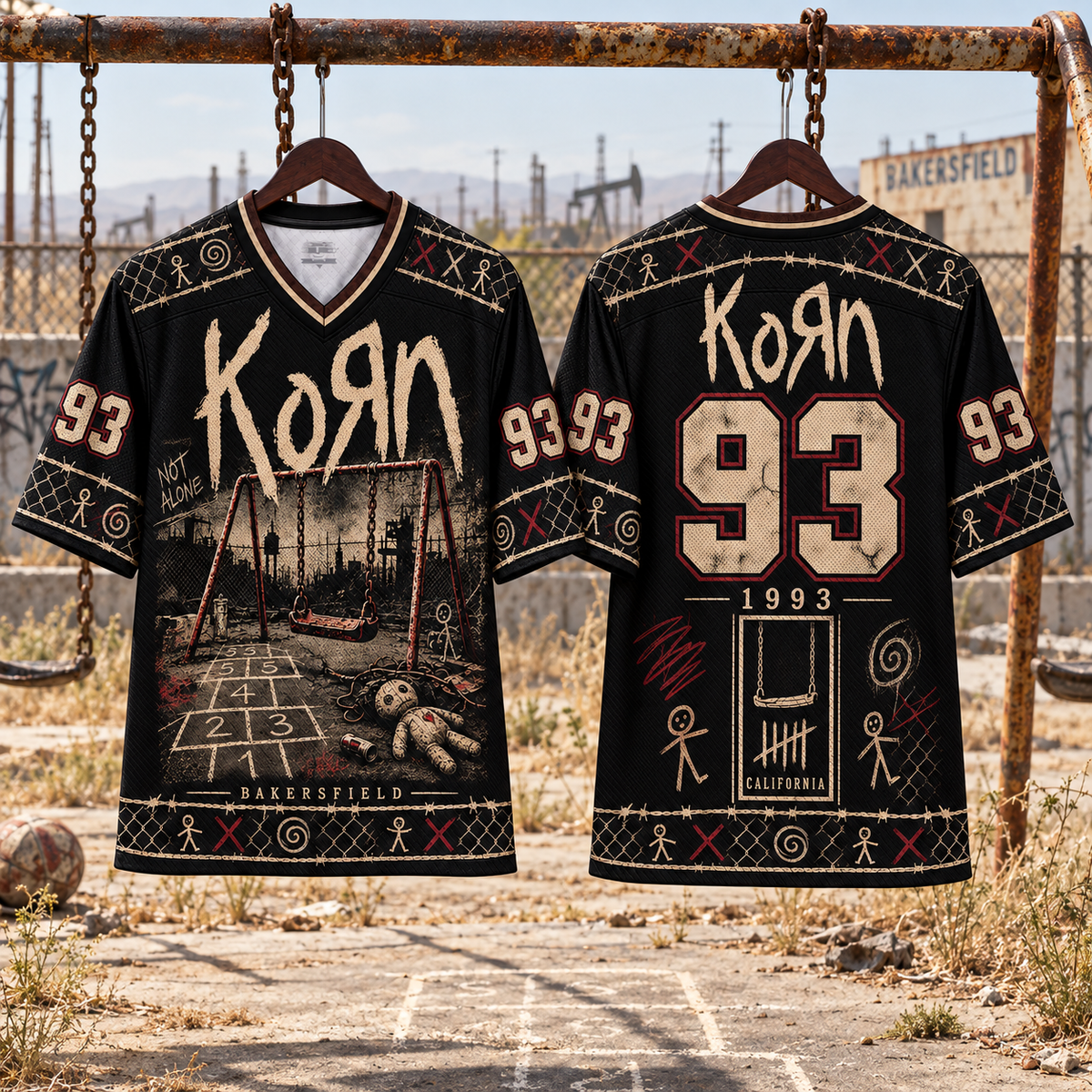 Korn Jersey, Bakersfield 93 Nu Metal Shirt, Black Distressed Alternative Band Jersey, Freak Era Rock Fan Gift