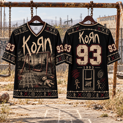 Korn Jersey, Bakersfield 93 Nu Metal Shirt, Black Distressed Alternative Band Jersey, Freak Era Rock Fan Gift