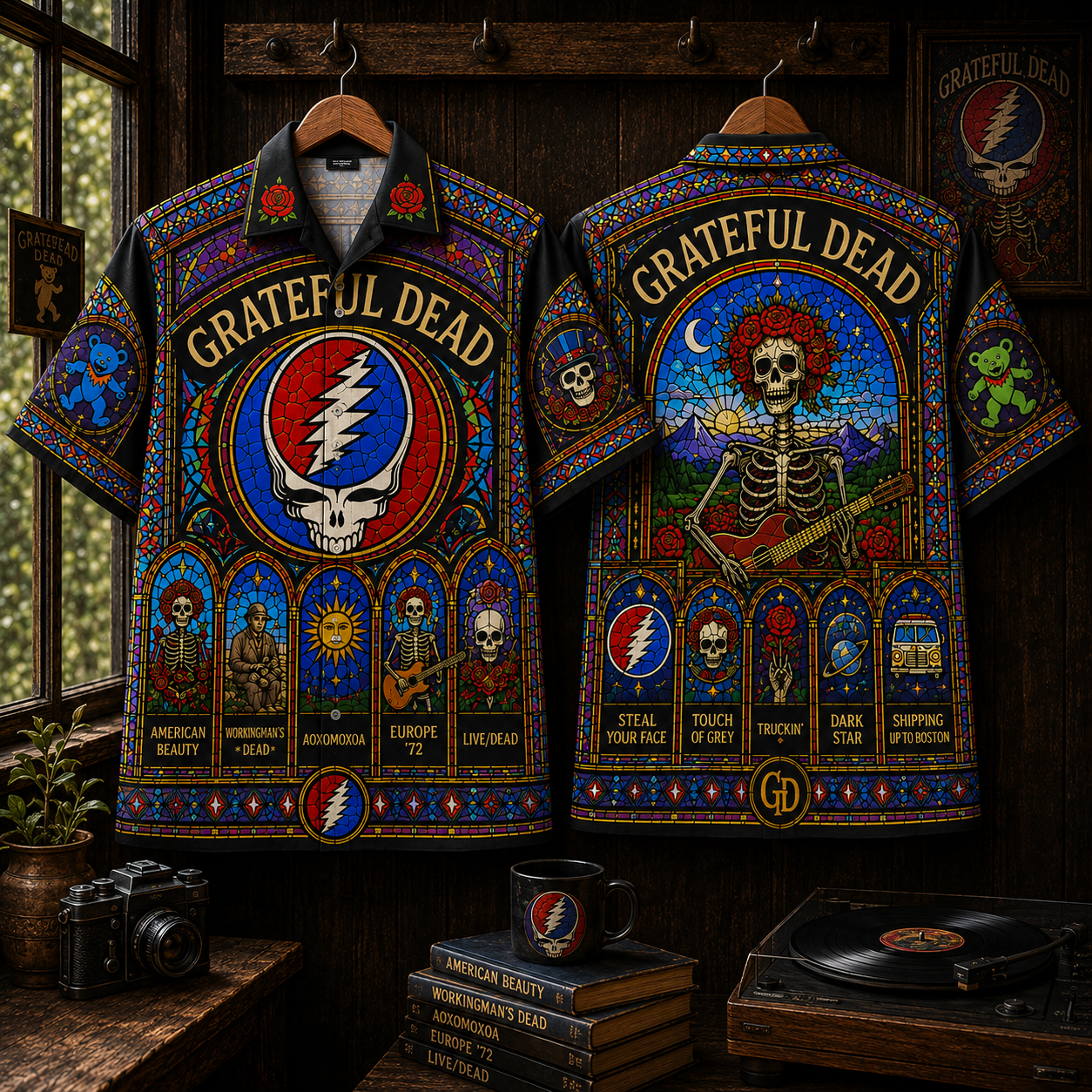 Grateful Dead Stained Glass Hawaiian Shirt - Steal Your Face All-Over Print Button-Up Shirt Grateful Dead Fan Gift