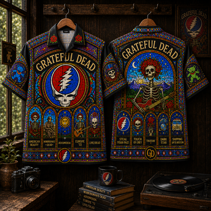 Grateful Dead Stained Glass Hawaiian Shirt - Steal Your Face All-Over Print Button-Up Shirt Grateful Dead Fan Gift