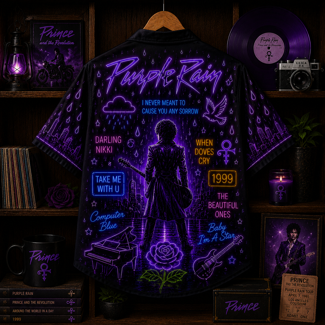 Purple Rain Glow Hawaiian Shirt - Retro Neon Prince Inspired All Over Print  80s Music Summer Button Up Shirt