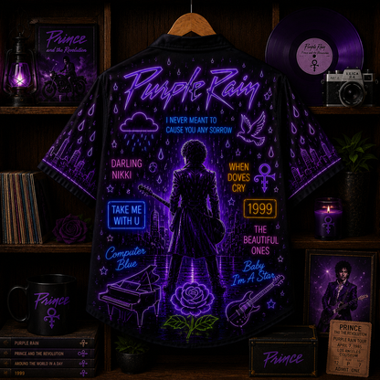 Purple Rain Glow Hawaiian Shirt - Retro Neon Prince Inspired All Over Print  80s Music Summer Button Up Shirt