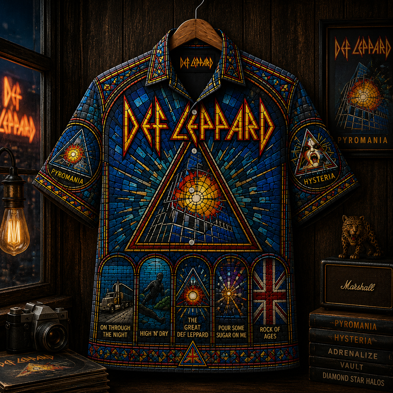 Def Leppard Stained Glass Hawaiian Shirt - Hysteria Pyromania Rock Band All Over Print Button Up Shirt - Def Leppard Fan Gift
