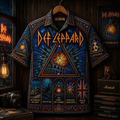 Def Leppard Stained Glass Hawaiian Shirt - Hysteria Pyromania Rock Band All Over Print Button Up Shirt - Def Leppard Fan Gift
