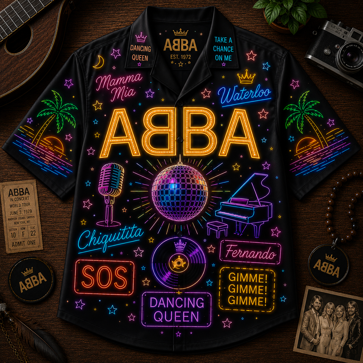 ABBA Neon Hawaiian Shirt - Disco Pop Band All Over Print Hawaiian Shirt - Retro 70s Music Summer Button Up Shirt