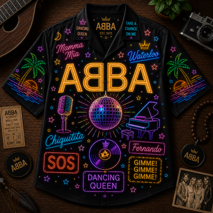 ABBA Neon Hawaiian Shirt - Disco Pop Band All Over Print Hawaiian Shirt - Retro 70s Music Summer Button Up Shirt