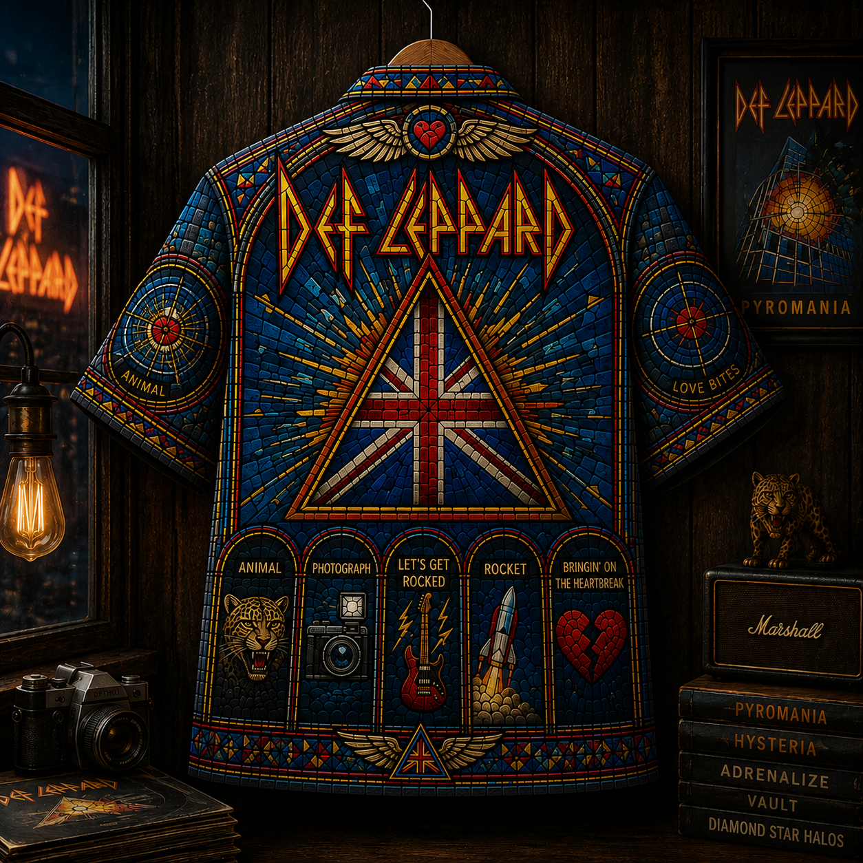 Def Leppard Stained Glass Hawaiian Shirt - Hysteria Pyromania Rock Band All Over Print Button Up Shirt - Def Leppard Fan Gift