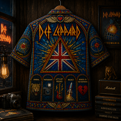 Def Leppard Stained Glass Hawaiian Shirt - Hysteria Pyromania Rock Band All Over Print Button Up Shirt - Def Leppard Fan Gift