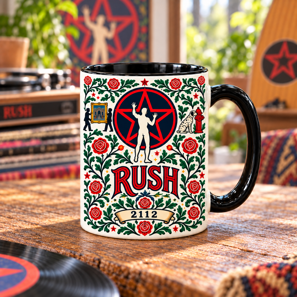 Rush Fly By Night Nordic Folk Mug, Owl & Roses Rock Coffee Cup, Vintage Progressive Rock Band Gift