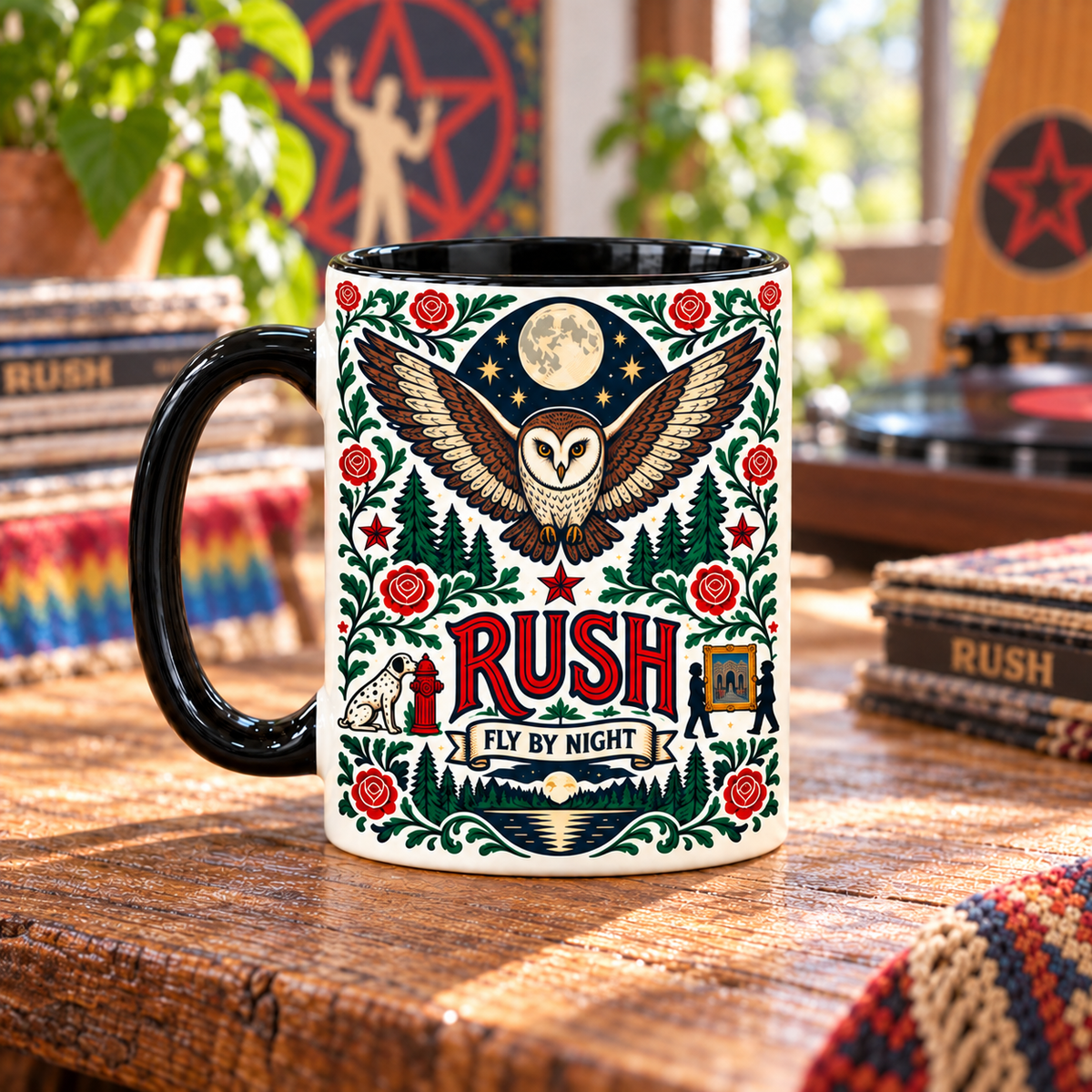 Rush Fly By Night Nordic Folk Mug, Owl & Roses Rock Coffee Cup, Vintage Progressive Rock Band Gift