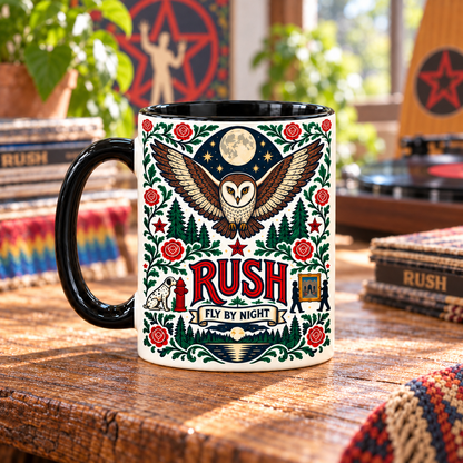 Rush Fly By Night Nordic Folk Mug, Owl & Roses Rock Coffee Cup, Vintage Progressive Rock Band Gift