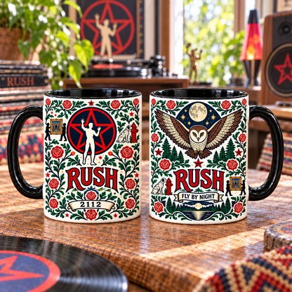 Rush Fly By Night Nordic Folk Mug, Owl & Roses Rock Coffee Cup, Vintage Progressive Rock Band Gift
