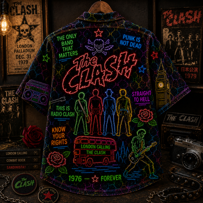 The Clash Neon Hawaiian Shirt - Punk Rock Band All Over Print Hawaiian Shirt - Retro Music Summer Button Up Shirt