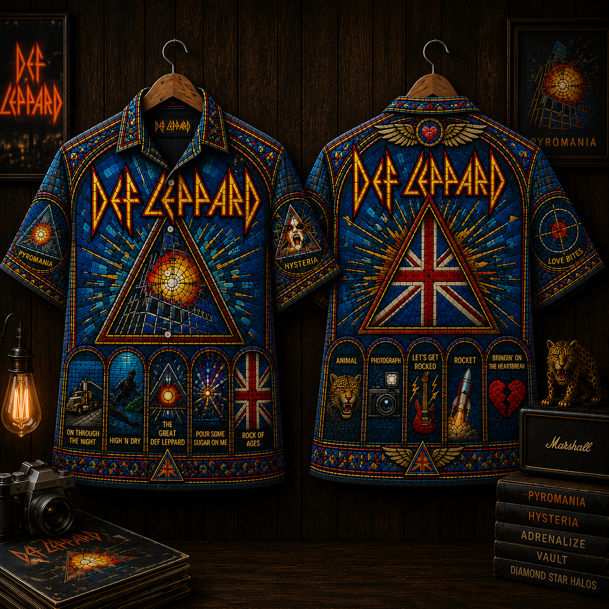 Def Leppard Stained Glass Hawaiian Shirt - Hysteria Pyromania Rock Band All Over Print Button Up Shirt - Def Leppard Fan Gift
