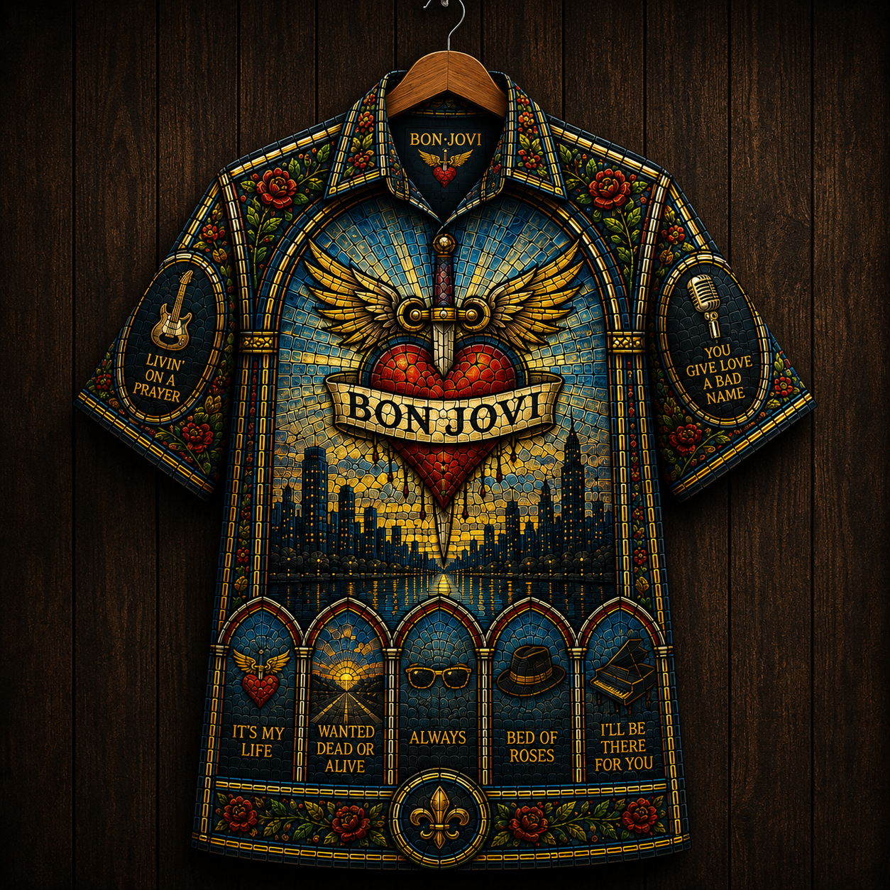 Bon Jovi Hawaiian Shirt - Livin' On A Prayer Stained Glass Button Up Shirt