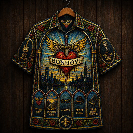 Bon Jovi Hawaiian Shirt - Livin' On A Prayer Stained Glass Button Up Shirt