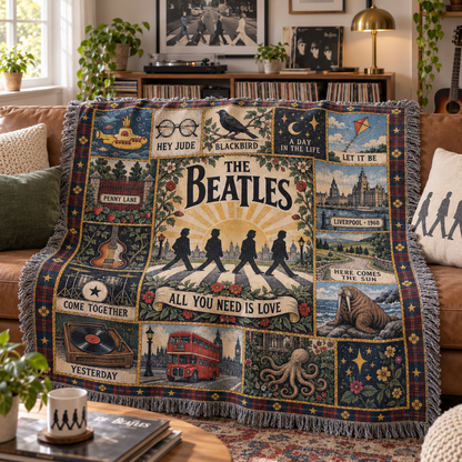 The Beatles Woven Blanket, Abbey Road Patchwork Throw, Vintage Liverpool Music Blanket, Beatles Song Collage Gift for Fans
