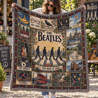 The Beatles Woven Blanket, Abbey Road Patchwork Throw, Vintage Liverpool Music Blanket, Beatles Song Collage Gift for Fans