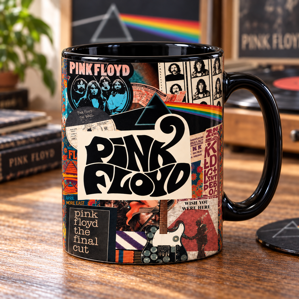 Pink Floyd Collage Mug, Dark Side of the Moon Wish You Were Here Coffee Cup, Vintage Psychedelic Rock Album Art Gift