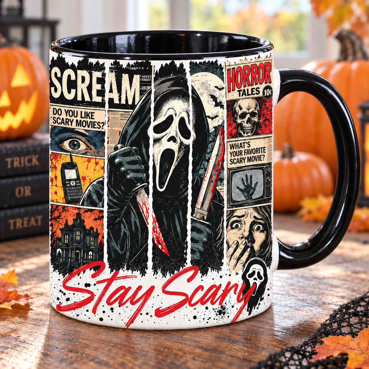 Ghostface Horror Mug, Scream Stay Scary Coffee Cup, Retro Slasher Movie Collage Mug, Halloween Horror Fan Gift, Black Handle Accent Mug