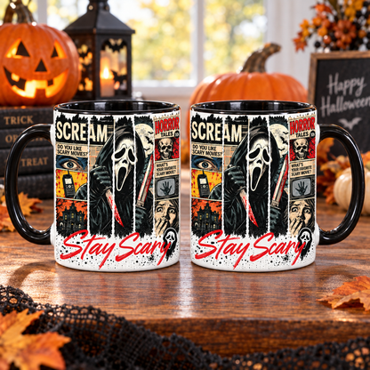 Ghostface Horror Mug, Scream Stay Scary Coffee Cup, Retro Slasher Movie Collage Mug, Halloween Horror Fan Gift, Black Handle Accent Mug