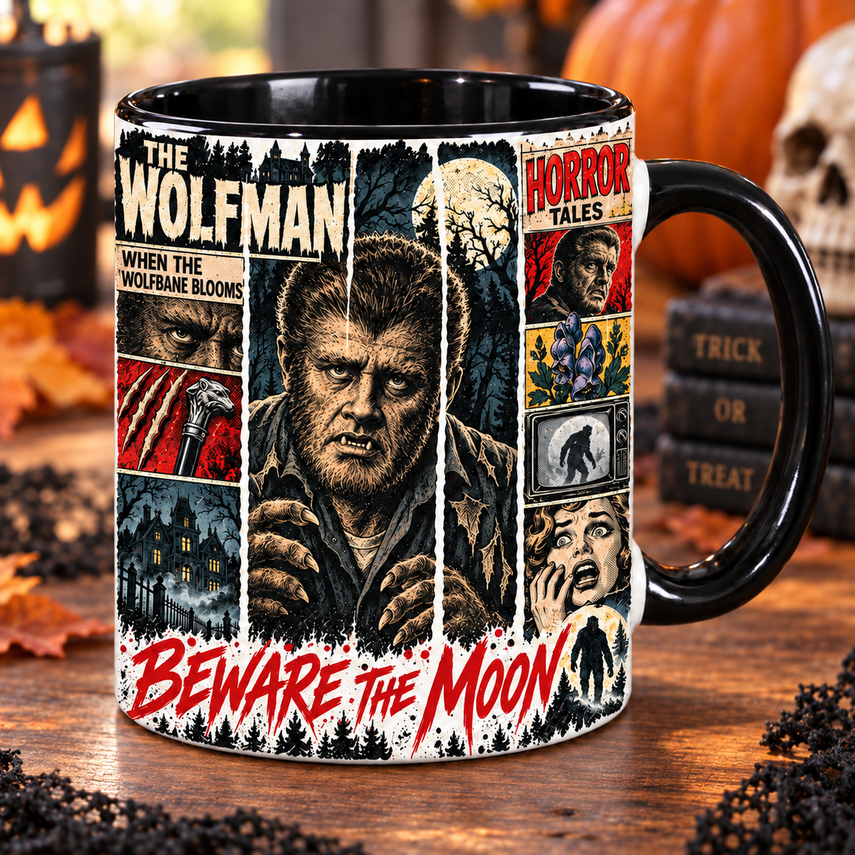 The Wolfman Horror Mug, Beware the Moon Coffee Cup, Classic Monster Werewolf Mug, Retro Horror Comic Collage, Halloween Gift