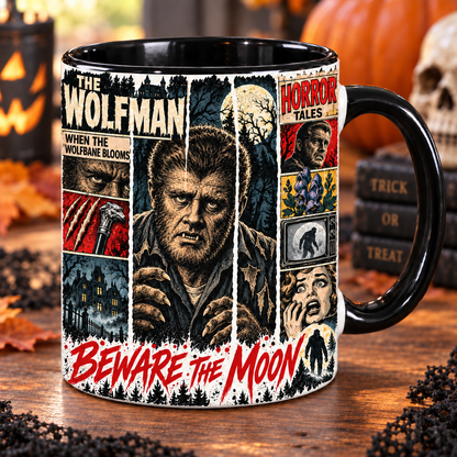 The Wolfman Horror Mug, Beware the Moon Coffee Cup, Classic Monster Werewolf Mug, Retro Horror Comic Collage, Halloween Gift