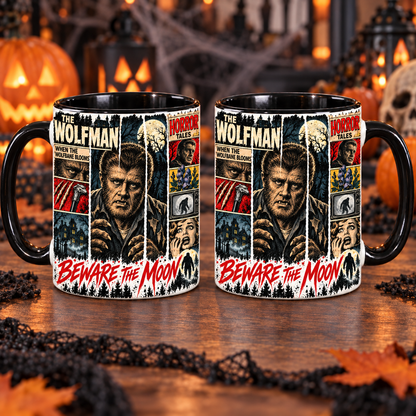 The Wolfman Horror Mug, Beware the Moon Coffee Cup, Classic Monster Werewolf Mug, Retro Horror Comic Collage, Halloween Gift
