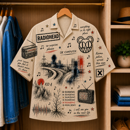 Radiohead Vintage Sketch Hawaiian Shirt - OK Computer Button Up Shirt with Kid A, In Rainbows and Alternative Rock Artwork
