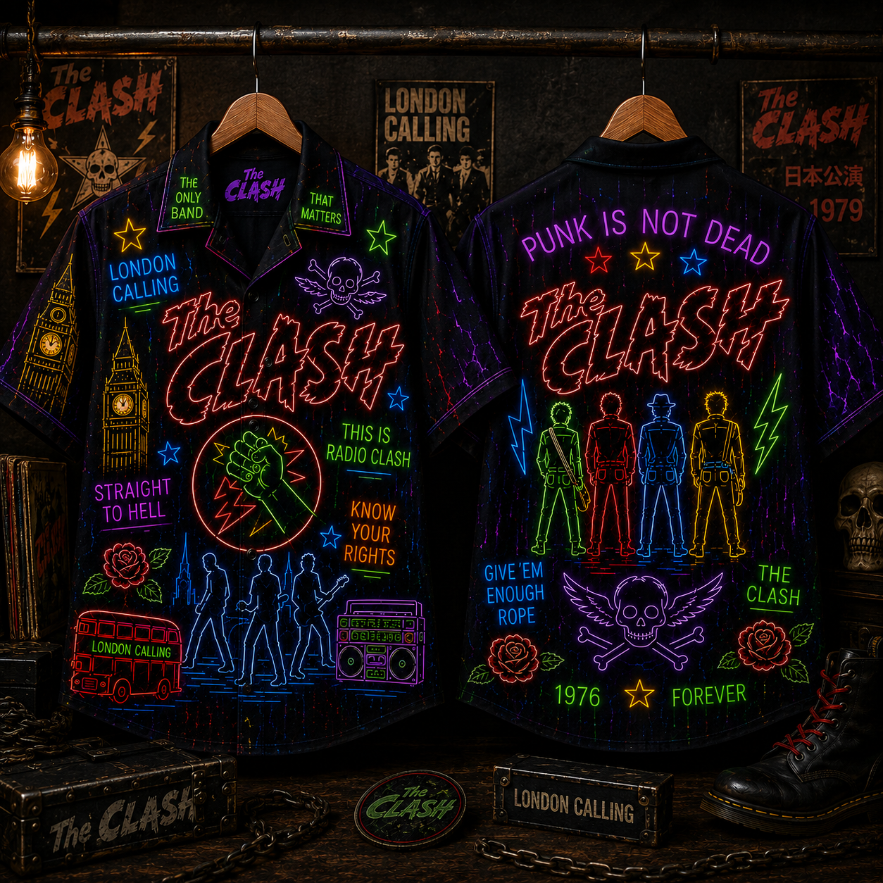 The Clash Neon Hawaiian Shirt - Punk Rock Band All Over Print Hawaiian Shirt - Retro Music Summer Button Up Shirt