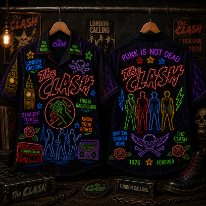 The Clash Neon Hawaiian Shirt - Punk Rock Band All Over Print Hawaiian Shirt - Retro Music Summer Button Up Shirt