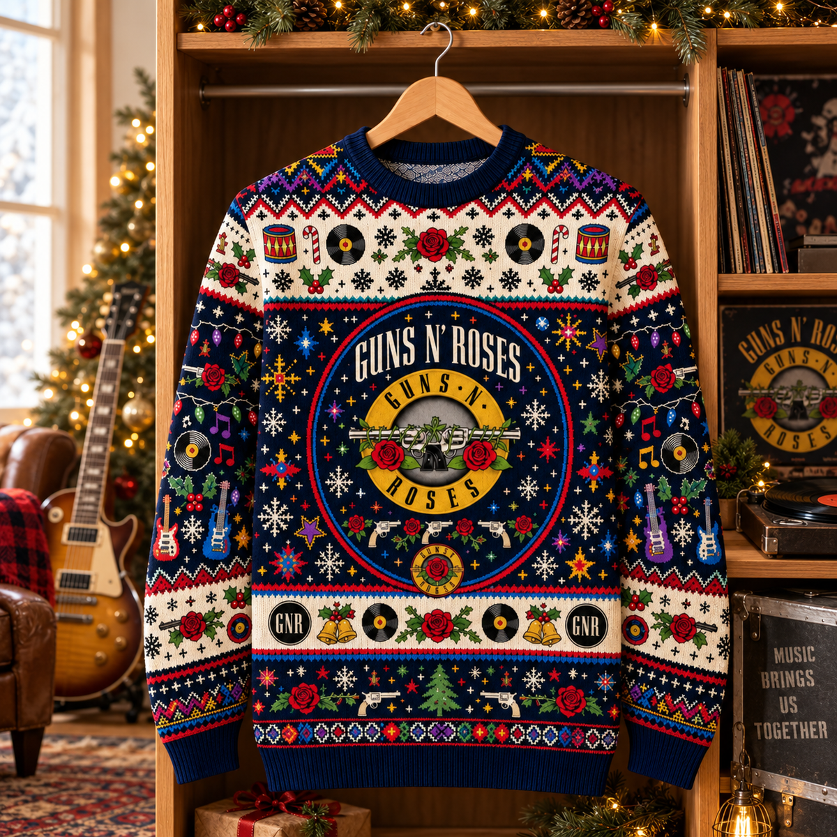 Guns N’ Roses Wool Christmas Sweater, GNR Logo Holiday Knit Jumper, Roses & Revolvers Ugly Christmas Sweater, Classic Rock Fan Gift