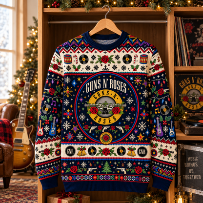 Guns N’ Roses Wool Christmas Sweater, GNR Logo Holiday Knit Jumper, Roses & Revolvers Ugly Christmas Sweater, Classic Rock Fan Gift