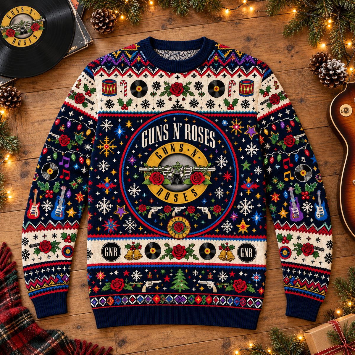 Guns N’ Roses Wool Christmas Sweater, GNR Logo Holiday Knit Jumper, Roses & Revolvers Ugly Christmas Sweater, Classic Rock Fan Gift