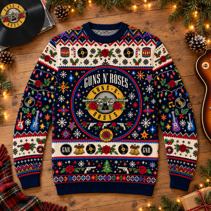 Guns N’ Roses Wool Christmas Sweater, GNR Logo Holiday Knit Jumper, Roses & Revolvers Ugly Christmas Sweater, Classic Rock Fan Gift