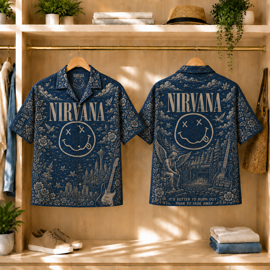 Nirvana Smiley Face Toile Hawaiian Shirt - Classic Rock Vintage All-Over Print Button-Up Shirt