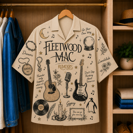 Fleetwood Mac Vintage Sketch Hawaiian Shirt - Rumours Button Up Shirt with Dreams, Go Your Own Way and Classic Rock Artwork