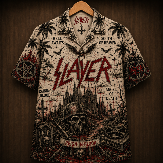 Slayer Reign in Blood Hawaiian Shirt - Thrash Metal Band Button-Up Shirt World Painted Blood Skull Rock Fan Gift