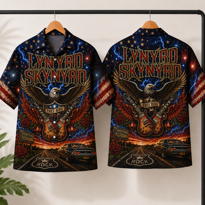 Lynyrd Skynyrd Hawaiian Shirt - Free Bird Southern Rock Guitar Artwork - Sweet Home Alabama Patriotic Aloha Shirt
