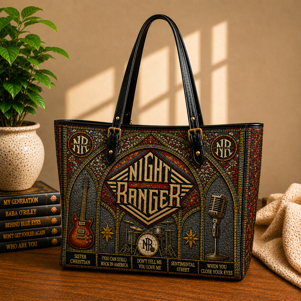 Night Ranger Leather Handbag, Leather Tote Bag, Leather Wallet Set - Stained Glass Night Ranger Band Fan Gift, Luxury Rock Music Accessories