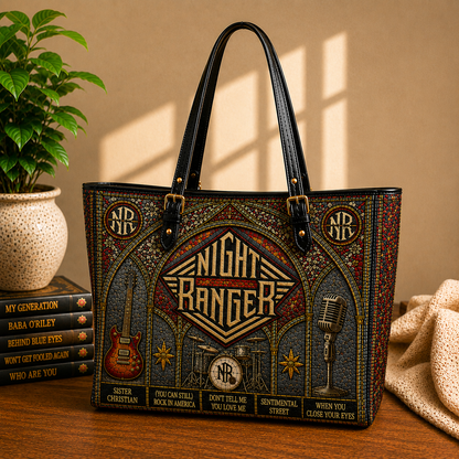 Night Ranger Leather Handbag, Leather Tote Bag, Leather Wallet Set - Stained Glass Night Ranger Band Fan Gift, Luxury Rock Music Accessories