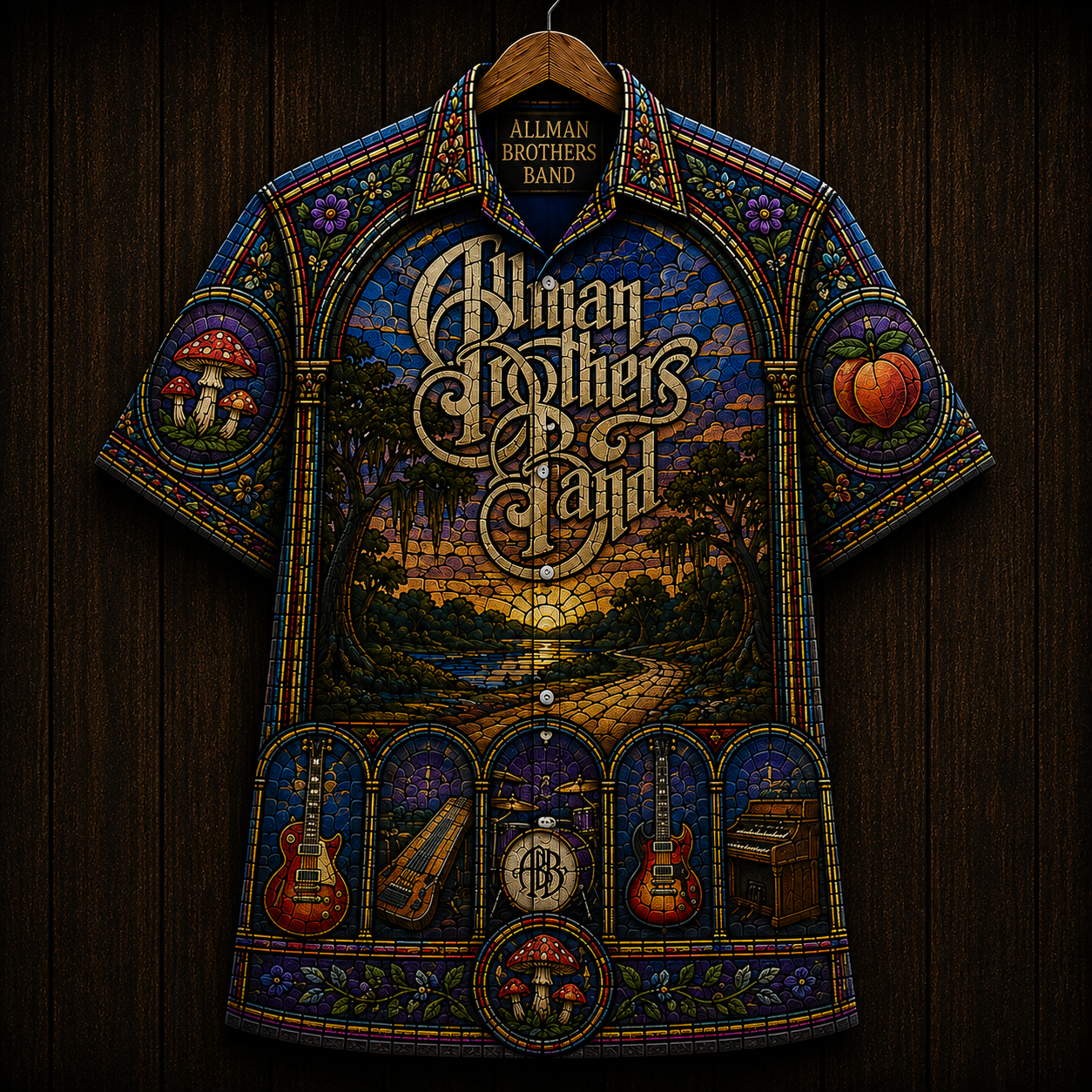 Allman Brothers Band Stained Glass Hawaiian Shirt - Midnight Rider Southern Rock All Over Print Button Up Shirt - Allman Brothers Fan Gift