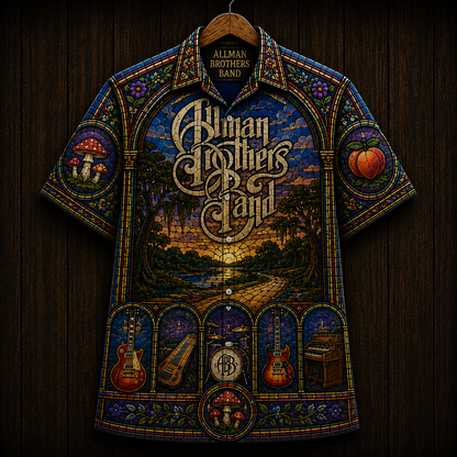 Allman Brothers Band Stained Glass Hawaiian Shirt - Midnight Rider Southern Rock All Over Print Button Up Shirt - Allman Brothers Fan Gift