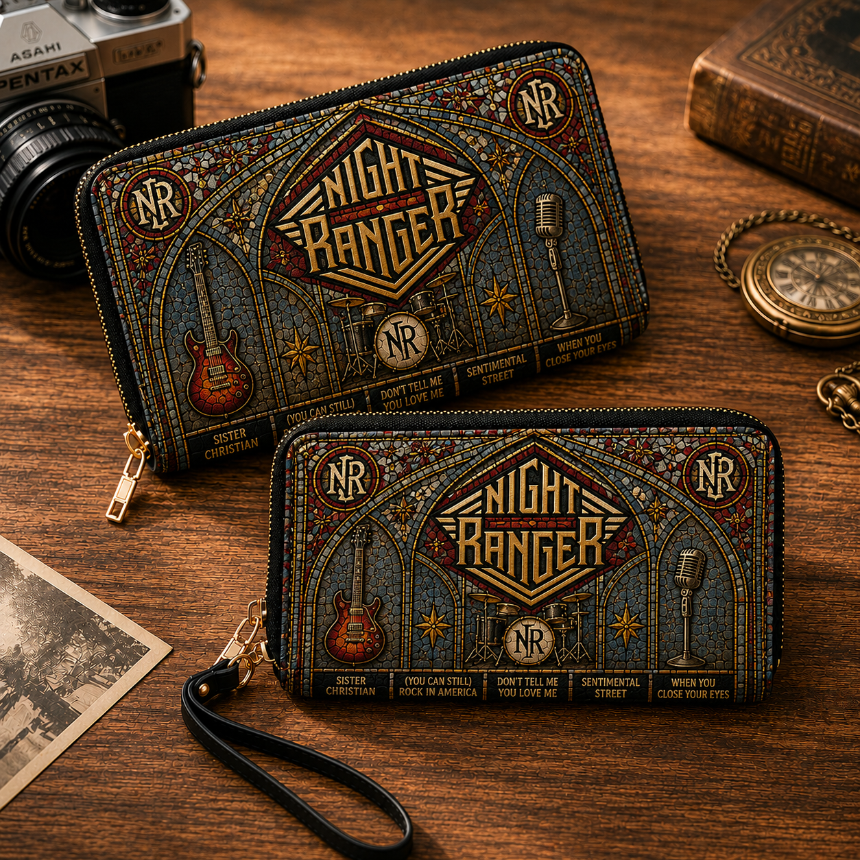 Night Ranger Leather Handbag, Leather Tote Bag, Leather Wallet Set - Stained Glass Night Ranger Band Fan Gift, Luxury Rock Music Accessories